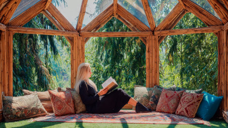 Photo of a woman reading in the attic with large windows, an interior view, a bamboo roof and walls.の素材