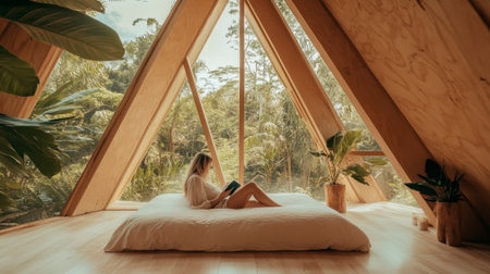 Photo of a woman reading in the attic with large windows, an interior view, a bamboo roof and walls.の素材