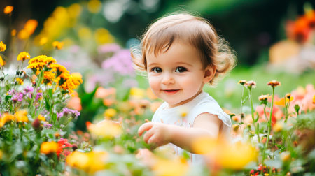 cute baby in flower gardenの素材