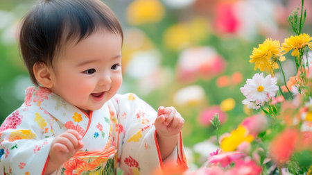 cute baby in flower gardenの素材