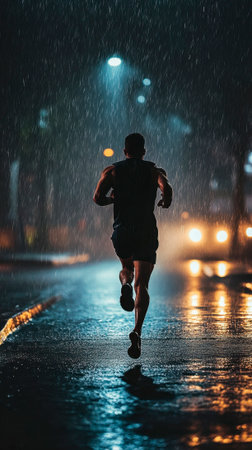 Male runner running while raining at nightの素材