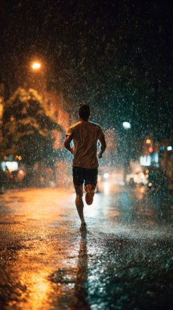 Male runner running while raining at nightの素材