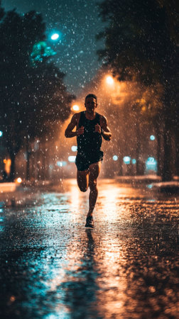 Male runner running while raining at nightの素材