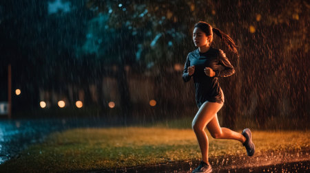 female runner running while raining at nightの素材