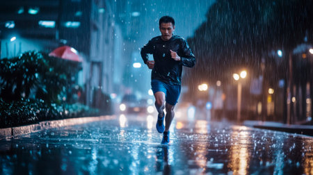 Male runner running while raining at nightの素材