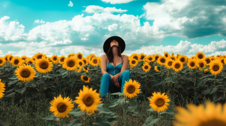 portrait of asian woman wearing a black bucket hat and blue jeans, sitting in the middle of a field of sunflowers.の素材
