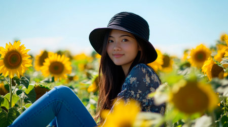 portrait of asian woman wearing a black bucket hat and blue jeans, sitting in the middle of a field of sunflowers.の素材