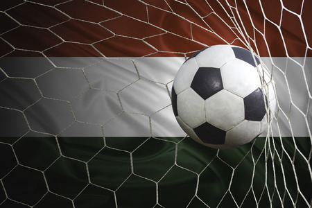 Hungary flag and soccer ball, football in goal netの写真素材