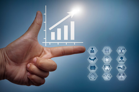 Hand shows the sign and icon of Digital marketing internet advertising and sales increase business...