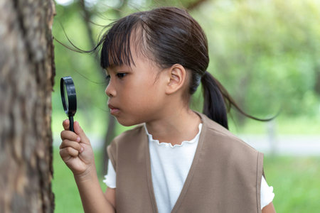 A girl, holding a magnifying glass, peers intently at the small creatures near the tree, her eyes filled with wonder as she uncovers the hidden details of the vibrant world beneath the leaves.の写真素材