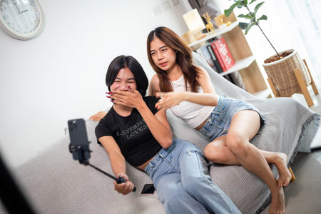 Girl and LGBTQ friend sitting together on sofa Take happy photos togetherの写真素材