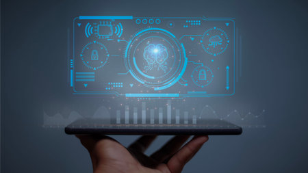 A hand holding a tablet with a blue screen showing a graphic of a person's brain. Concept of...