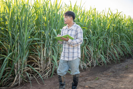 A man is standing in a field of tall grass, reading a book. The scene is peaceful and serene, with...