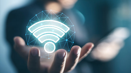 A hand holding a Wi-Fi symbol. Concept of connectivity and the importance of staying connected in today's worldの写真素材