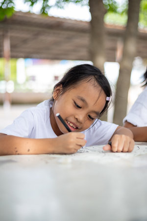 young girls are sitting at a table with markers and coloring books. They are drawing and coloring together, enjoying their time in the park. Concept of fun and creativityの写真素材
