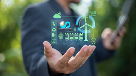 A man is holding a hand up to a screen that shows a wind turbine. The screen is lit up and the man is wearing a suit. Concept of renewable energy and the importance of sustainable technologyの写真素材