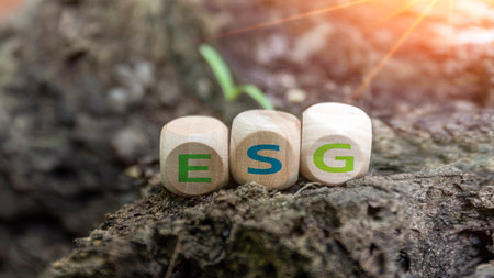 Three wooden cubes spell out the word ESG. Concept of sustainability and environmental responsibilityの写真素材