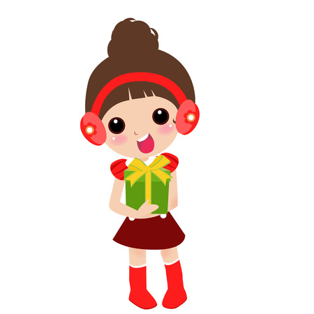 Girl Holding Gift box, smiling. isolated over white. のイラスト素材