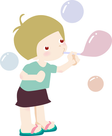  Illustration of a Young Girl blowing Bubbles のイラスト素材