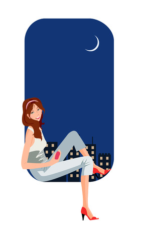 illustration of a beautiful woman in windowのイラスト素材