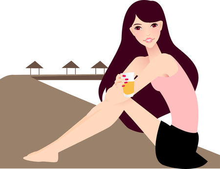 illustration of a beautiful girl relax at beachのイラスト素材