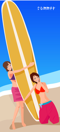 illustration of two cute girls and surfboards のイラスト素材