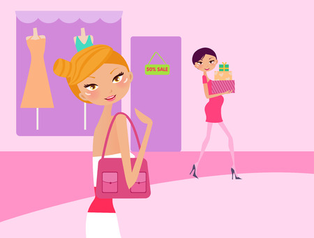 illustration of two fashion shopping girls with shopping bagのイラスト素材
