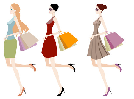illustration of three fashion shopping girls with shopping bagのイラスト素材