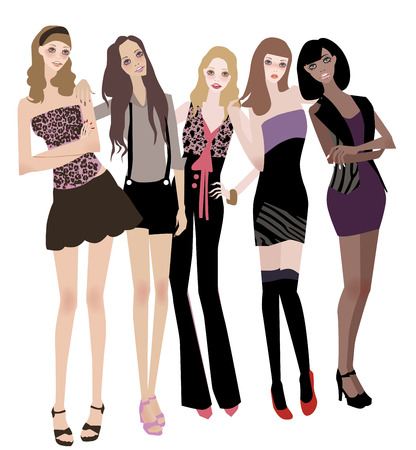 illustration of five pretty fashion women-modelのイラスト素材