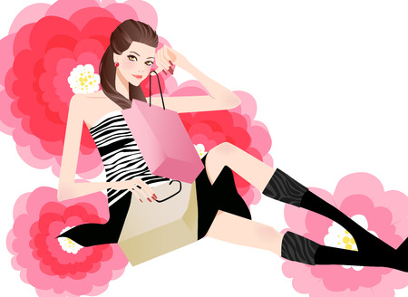 illustration of a beauty shopping girl with shopping bagのイラスト素材
