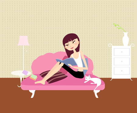 Illustration of a pretty girl relaxing at home and reading bookのイラスト素材