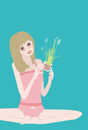 Illustation of a pretty girl with plants,yoga のイラスト素材