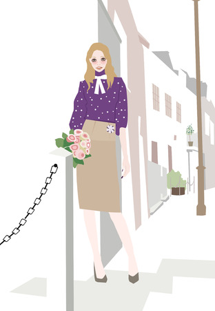 Illustation of a pretty girl with a bouquet of rosesのイラスト素材