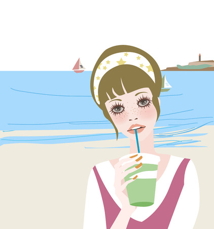 Illustation of a pretty girl with drink on beachのイラスト素材
