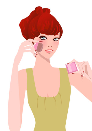 Illustation of a pretty girl applying make upのイラスト素材