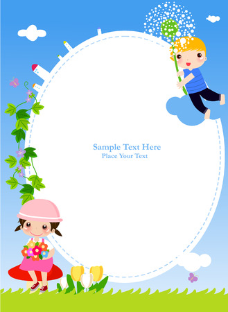 Decorative frame with boy and girl,illustration artのイラスト素材
