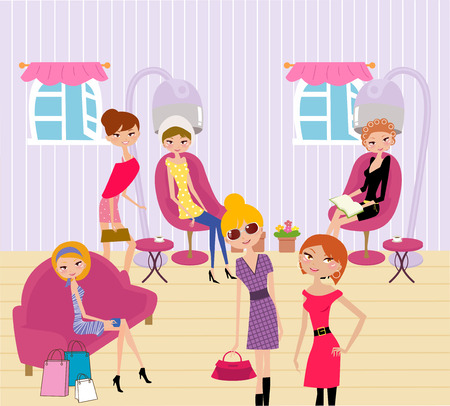 women in a beauty salon getting a hairstyle and manicure のイラスト素材