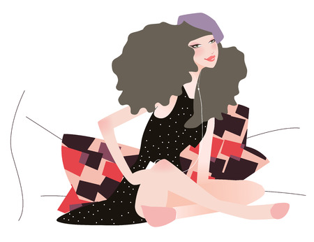Illustraon of a fashion woman listening to music ,relexのイラスト素材