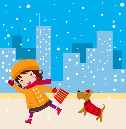 Illustraon of  a cute girl walking with dog in winter のイラスト素材