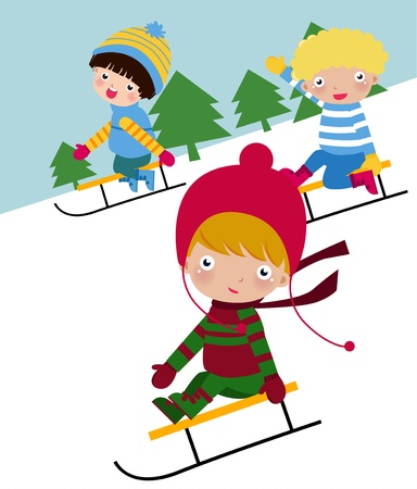 Illustration of cute group of children  skiingのイラスト素材