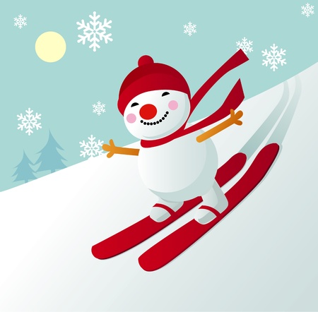 Illustration of a cute snowman with red hat skiingのイラスト素材
