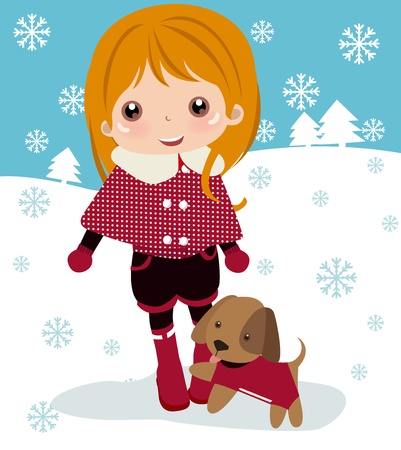 Cute girl and dog のイラスト素材