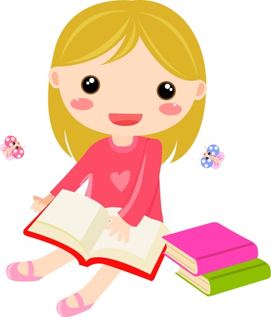  a young sweet girl child happily reading a book のイラスト素材