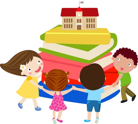 four kids hand in hand and bookのイラスト素材