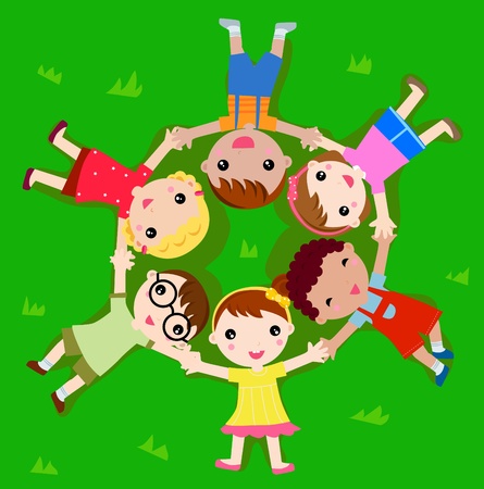 kids lying grassのイラスト素材