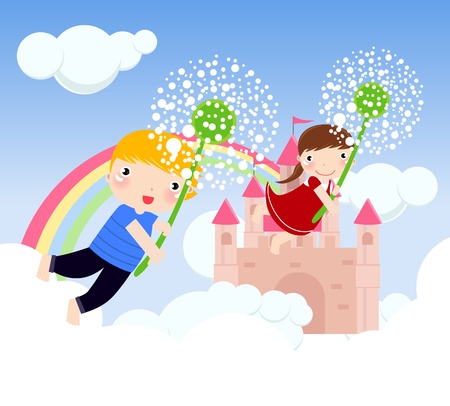 boy and girl flyingのイラスト素材