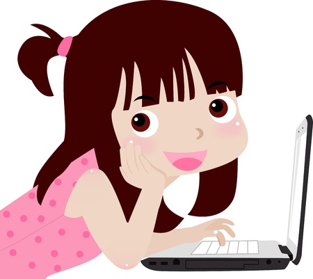little girl and laptop のイラスト素材