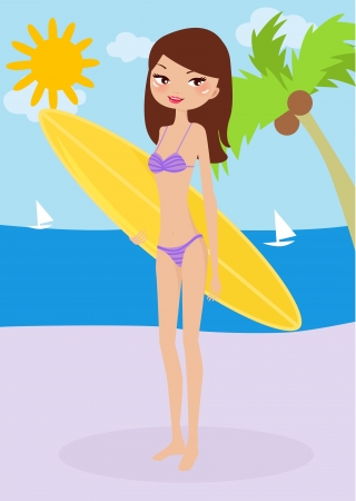 illustration of a beautiful surfer girl on the sunny beach のイラスト素材