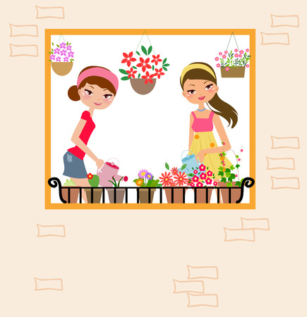 Pretty girls watering flowersのイラスト素材
