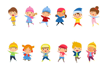Cute happy children jumping together with winter fashion clothesのイラスト素材